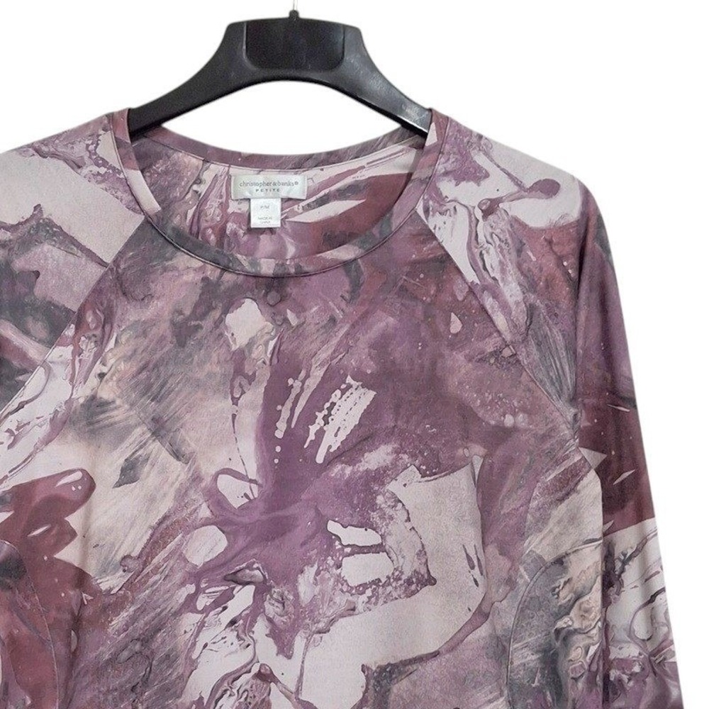 Christopher Banks Top PM Gray Purple Abstract Print Pockets Relaxed Athleisure